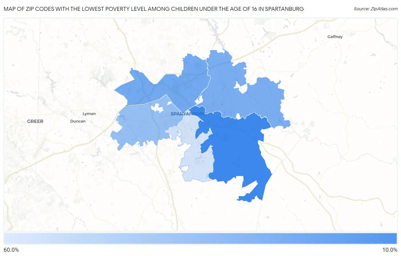 Zip Codes with the Lowest Poverty Level Among Children Under the Age of 16 in Spartanburg Map