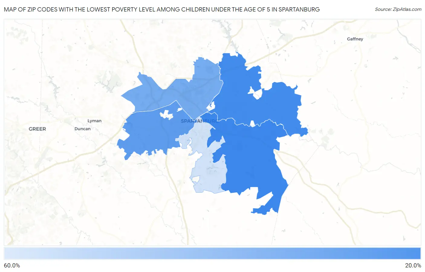 Zip Codes with the Lowest Poverty Level Among Children Under the Age of 5 in Spartanburg Map
