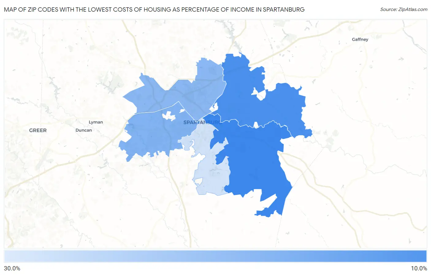 Zip Codes with the Lowest Costs of Housing as Percentage of Income in Spartanburg Map