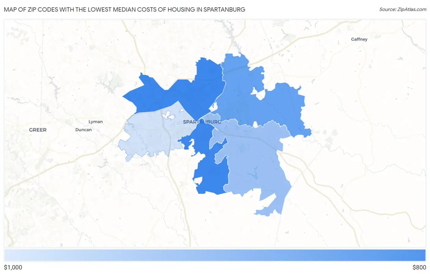 Zip Codes with the Lowest Median Costs of Housing in Spartanburg Map