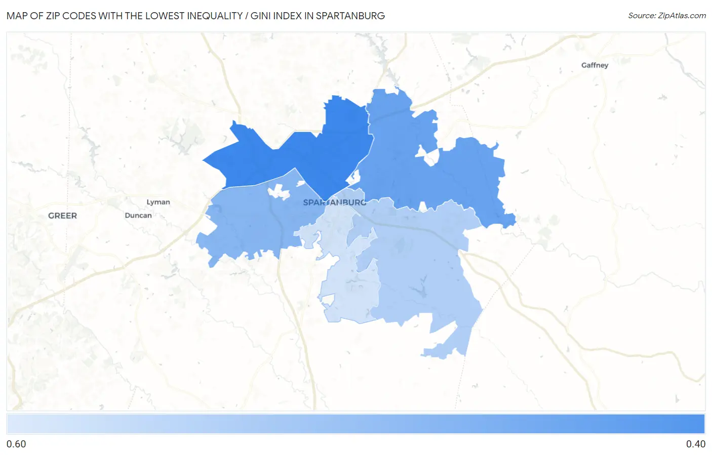 Zip Codes with the Lowest Inequality / Gini Index in Spartanburg Map