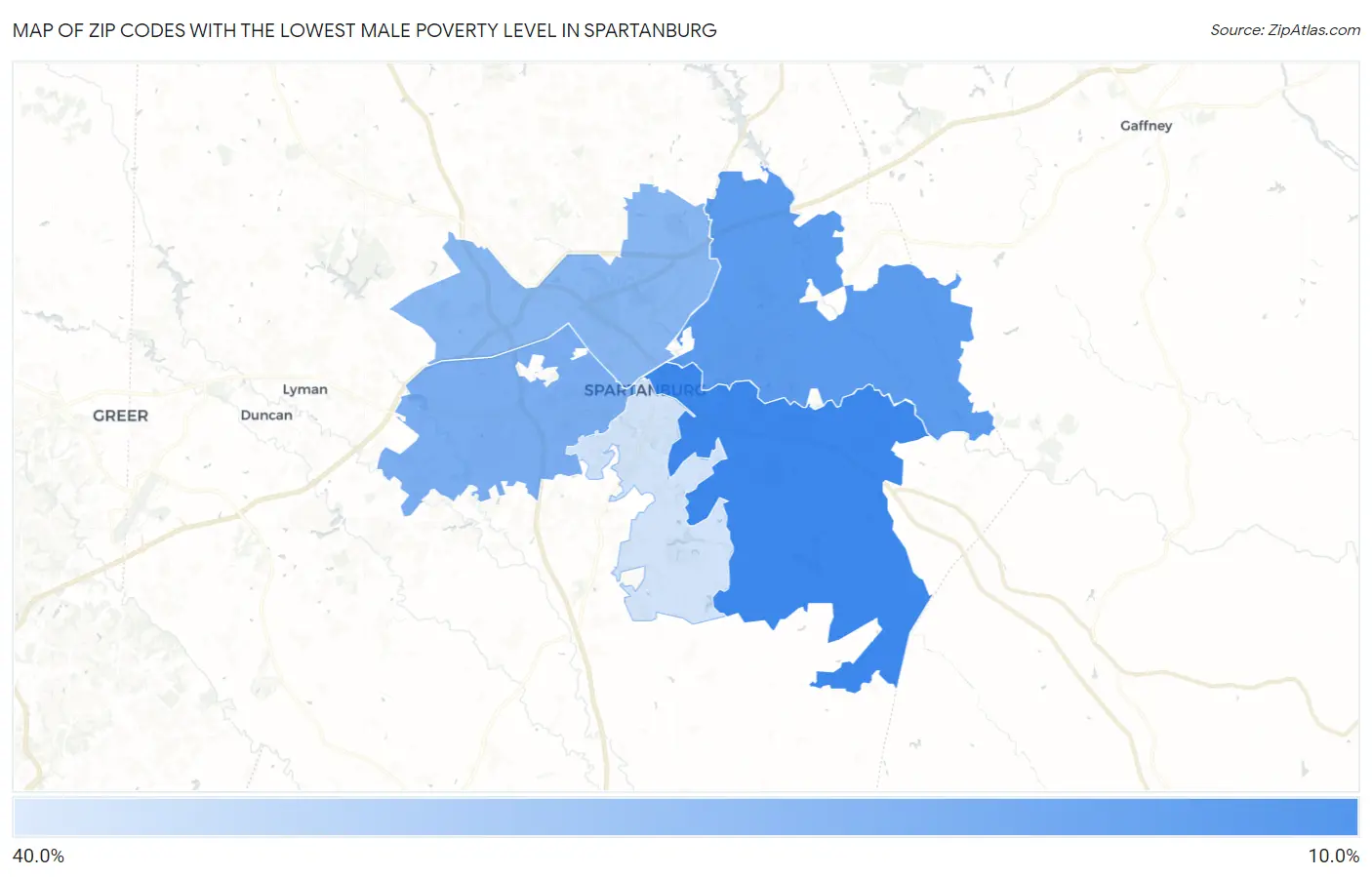 Zip Codes with the Lowest Male Poverty Level in Spartanburg Map