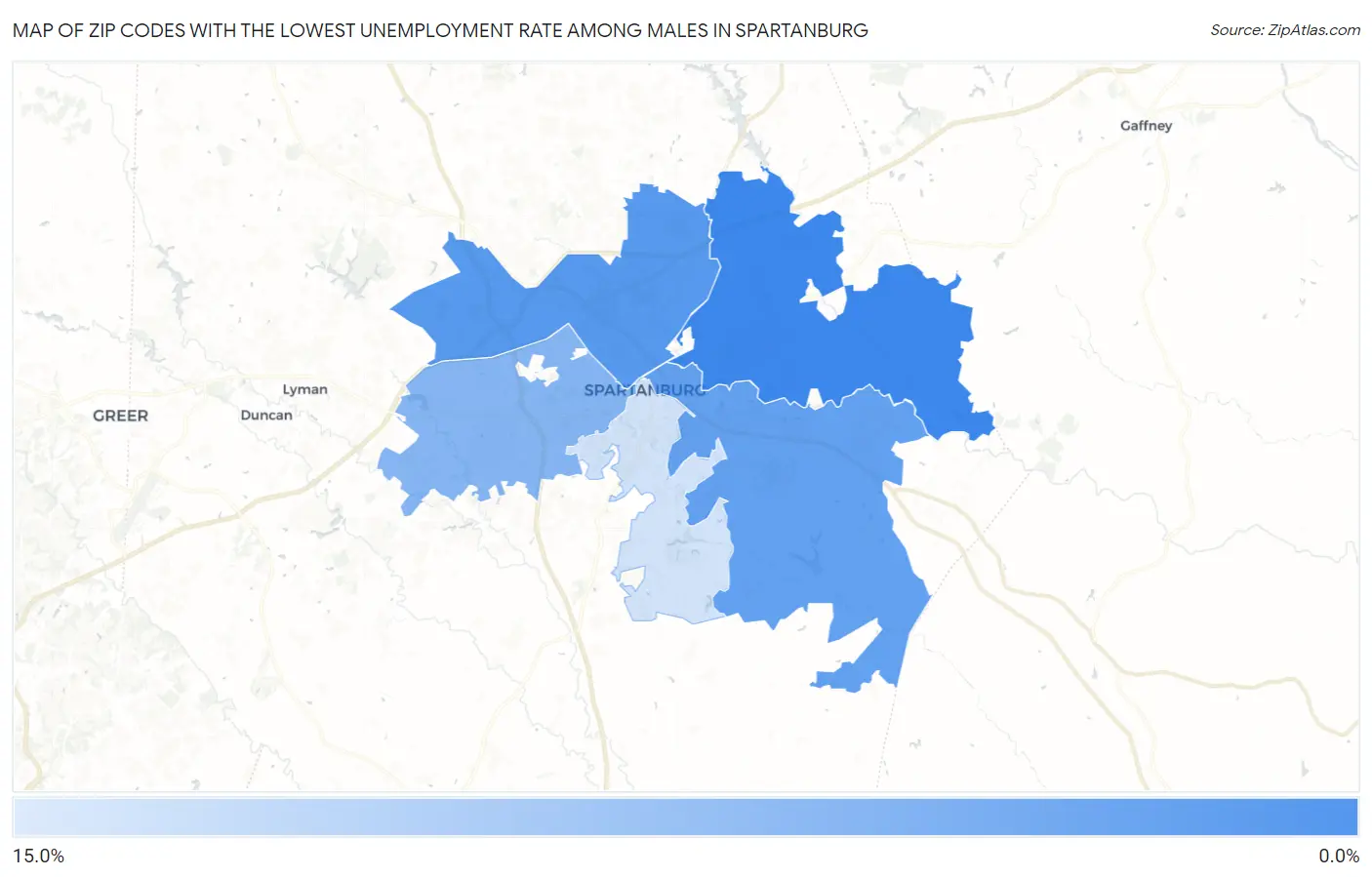 Zip Codes with the Lowest Unemployment Rate Among Males in Spartanburg Map
