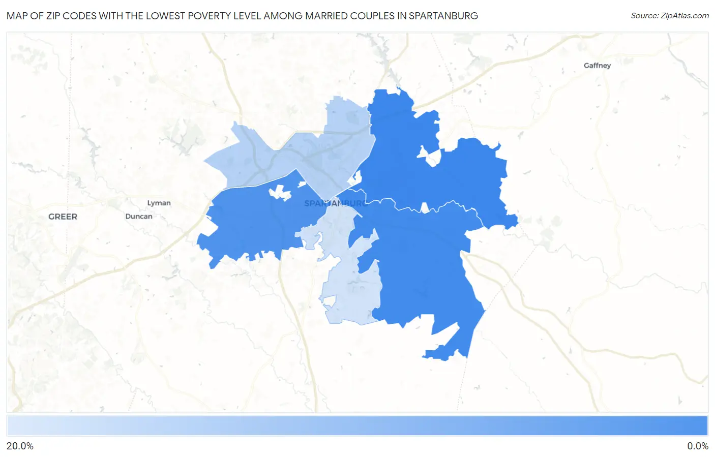 Zip Codes with the Lowest Poverty Level Among Married Couples in Spartanburg Map