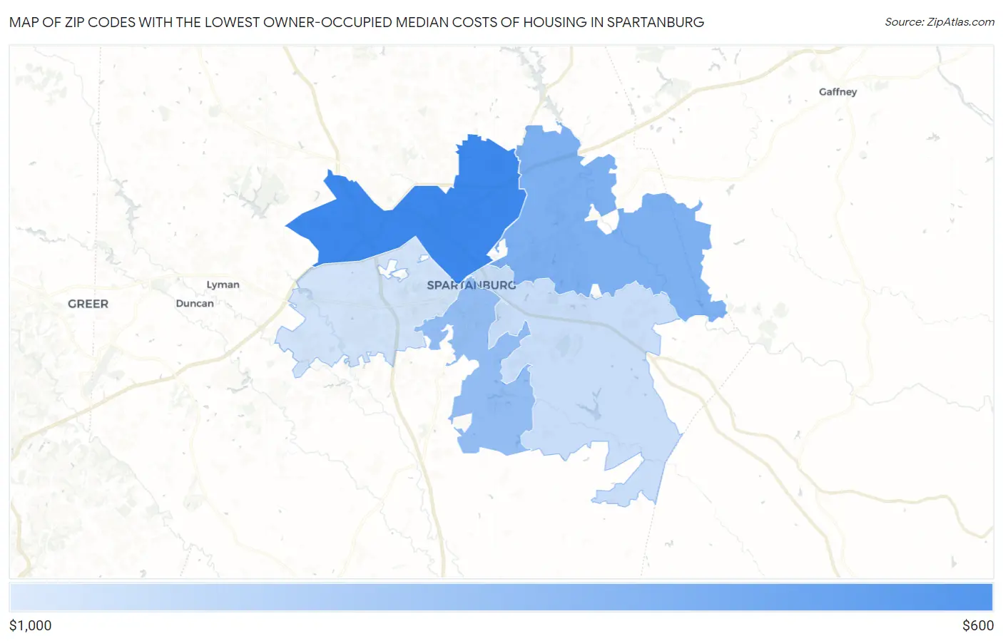 Zip Codes with the Lowest Owner-Occupied Median Costs of Housing in Spartanburg Map