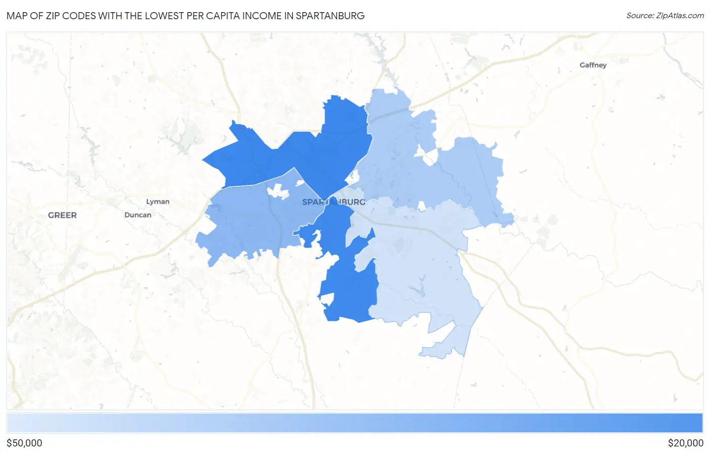 Zip Codes with the Lowest Per Capita Income in Spartanburg Map