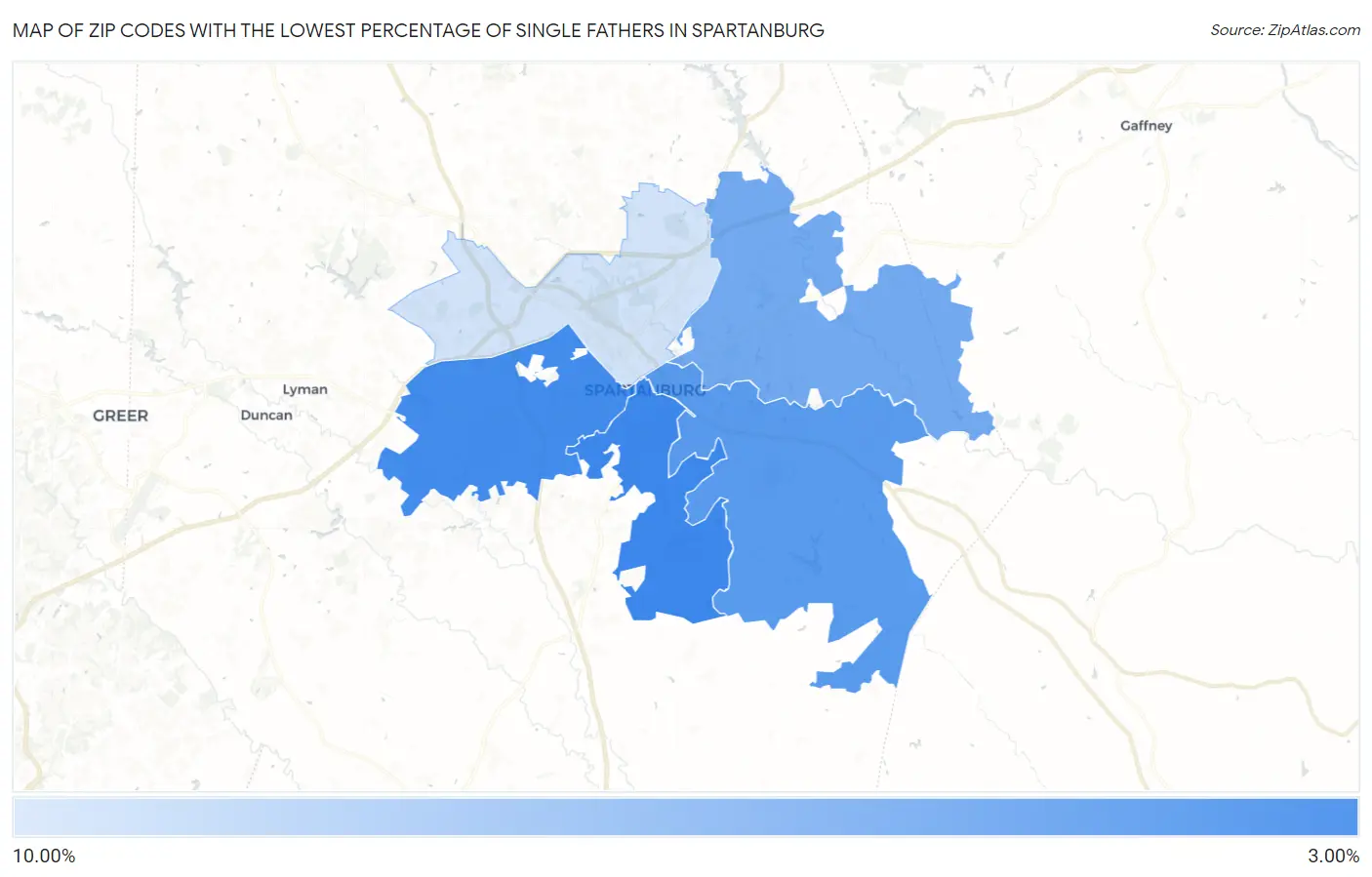 Zip Codes with the Lowest Percentage of Single Fathers in Spartanburg Map