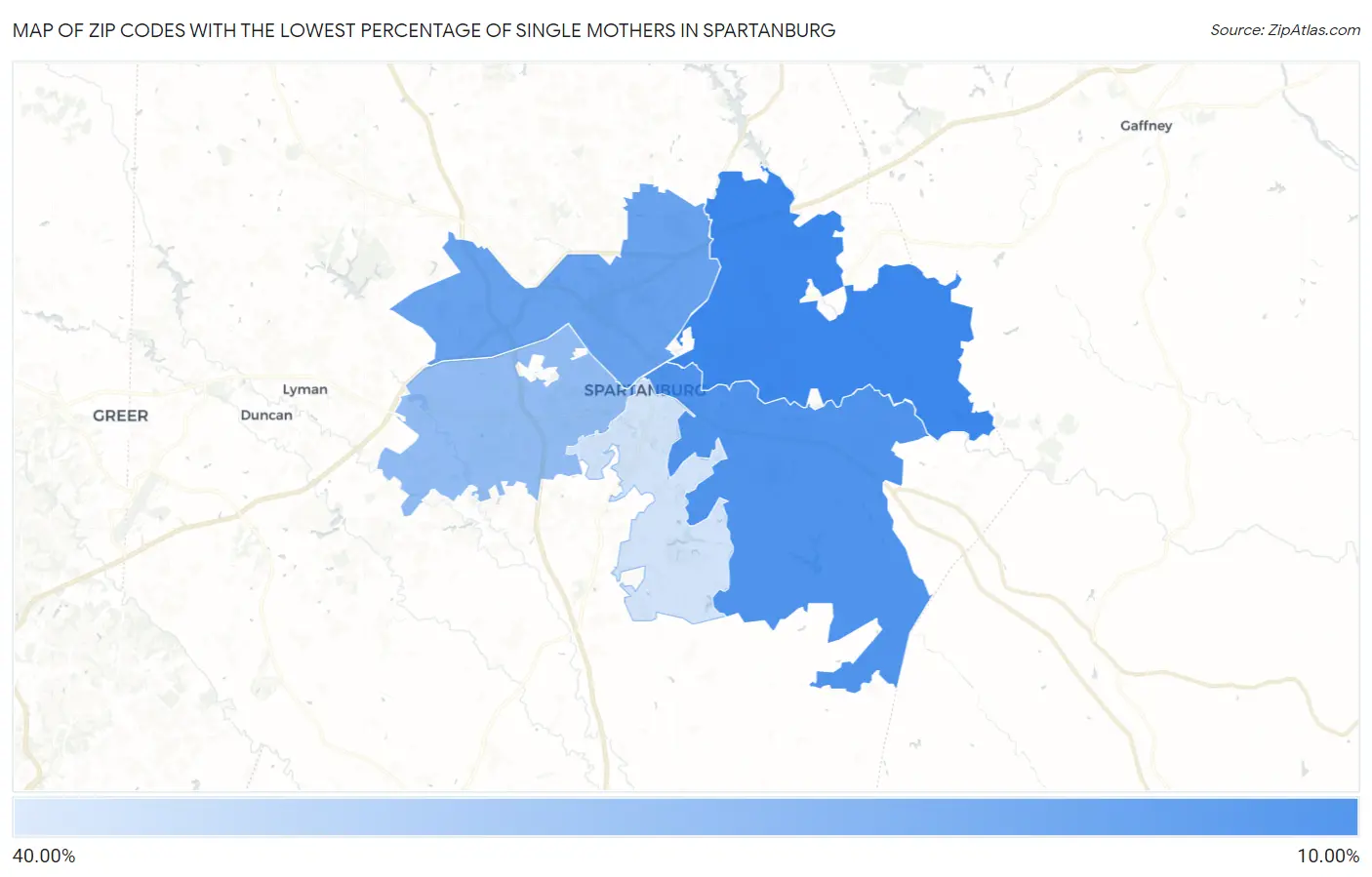 Zip Codes with the Lowest Percentage of Single Mothers in Spartanburg Map