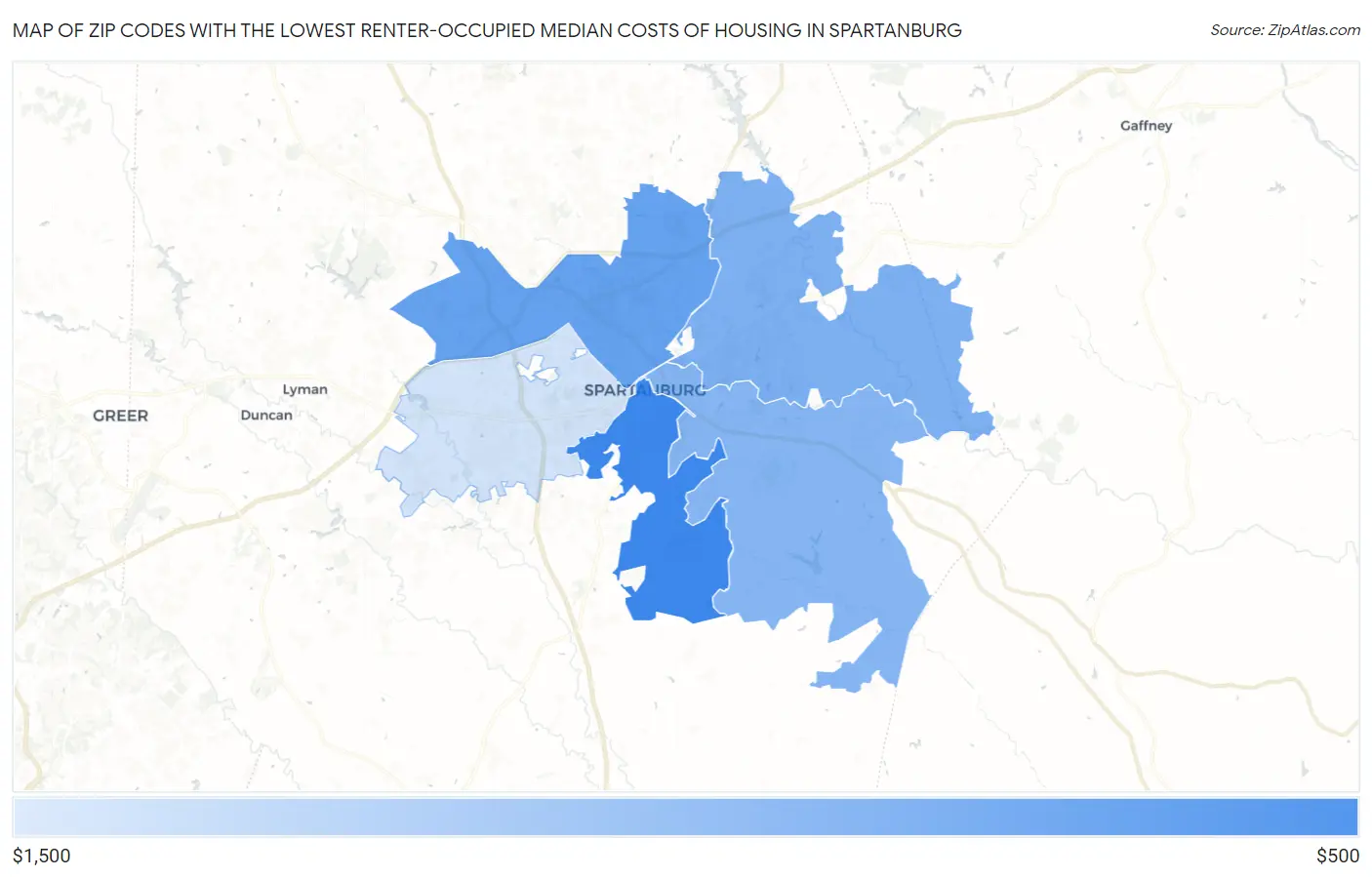 Zip Codes with the Lowest Renter-Occupied Median Costs of Housing in Spartanburg Map