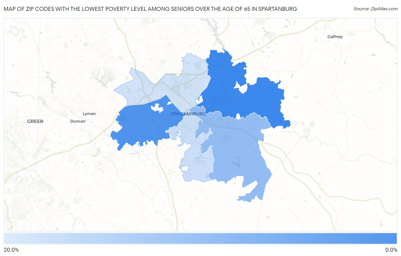 Zip Codes with the Lowest Poverty Level Among Seniors Over the Age of 65 in Spartanburg Map