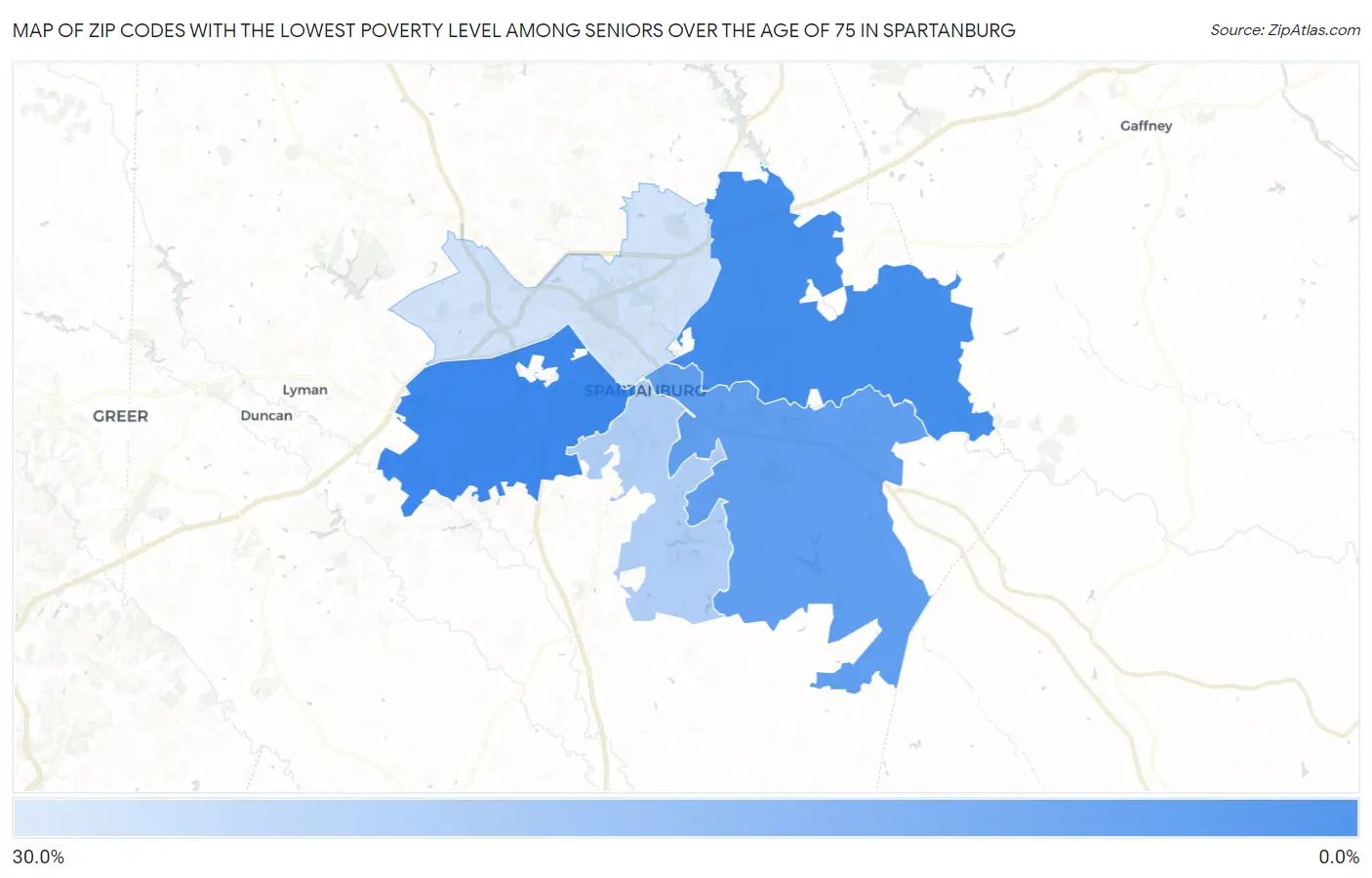 Zip Codes with the Lowest Poverty Level Among Seniors Over the Age of 75 in Spartanburg Map