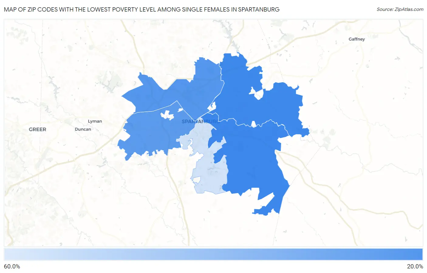 Zip Codes with the Lowest Poverty Level Among Single Females in Spartanburg Map