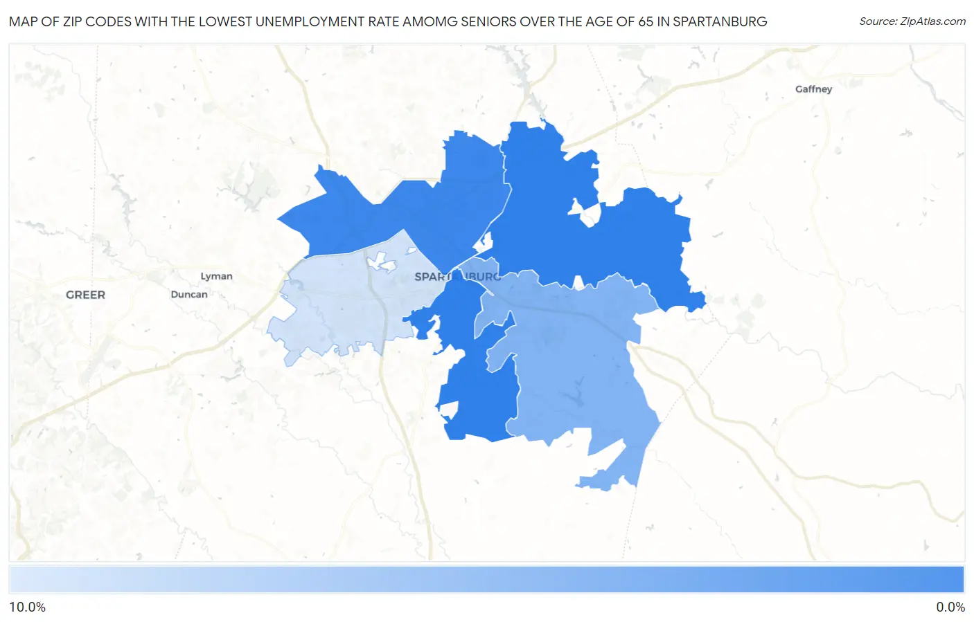 Zip Codes with the Lowest Unemployment Rate Amomg Seniors Over the Age of 65 in Spartanburg Map