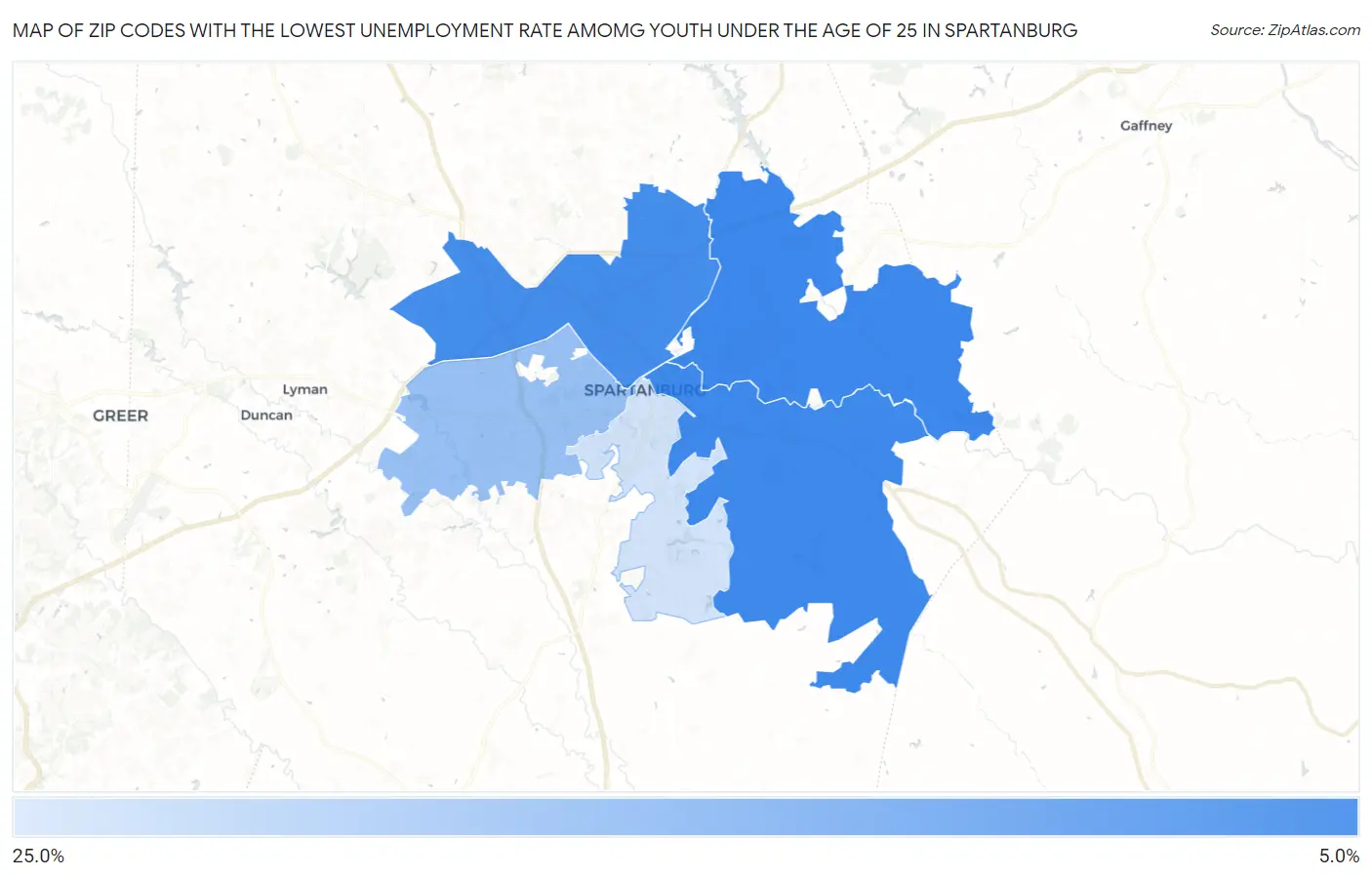 Zip Codes with the Lowest Unemployment Rate Amomg Youth Under the Age of 25 in Spartanburg Map
