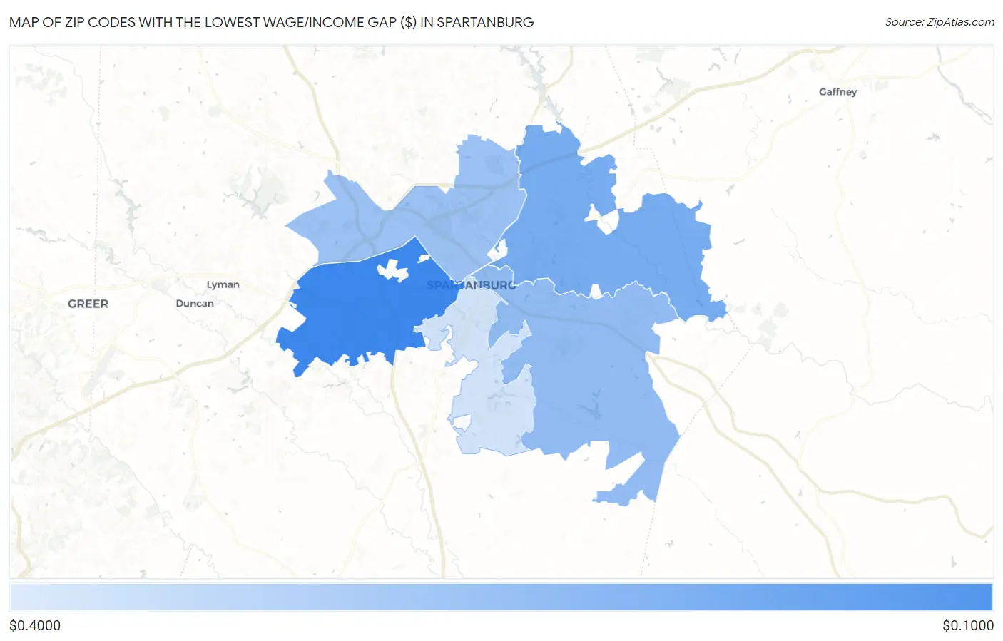 Zip Codes with the Lowest Wage/Income Gap ($) in Spartanburg Map