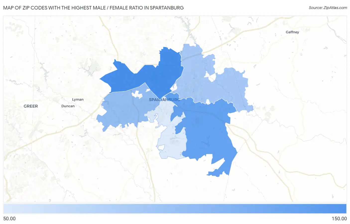 Zip Codes with the Highest Male / Female Ratio in Spartanburg Map