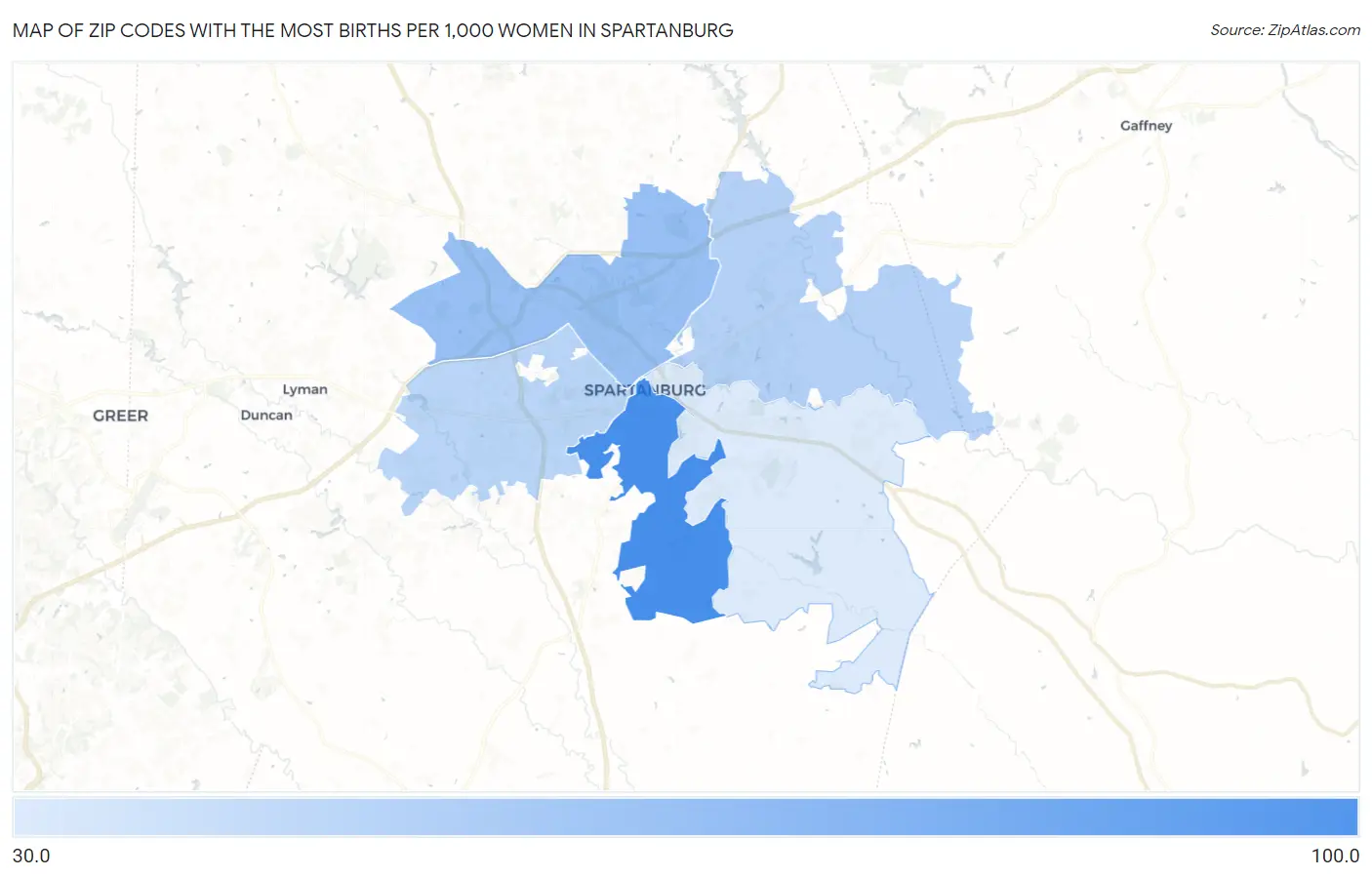 Zip Codes with the Most Births per 1,000 Women in Spartanburg Map
