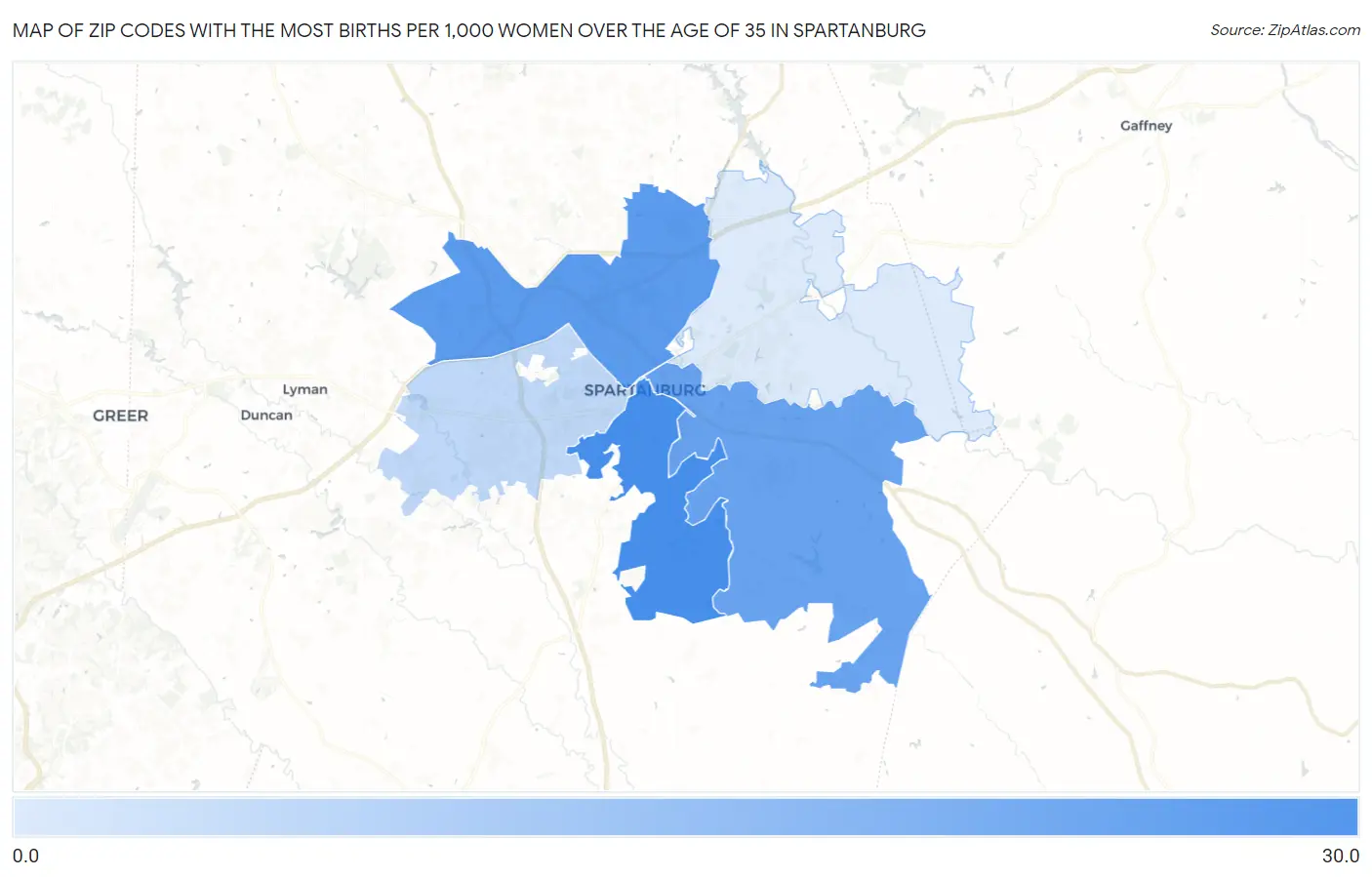 Zip Codes with the Most Births per 1,000 Women Over the Age of 35 in Spartanburg Map