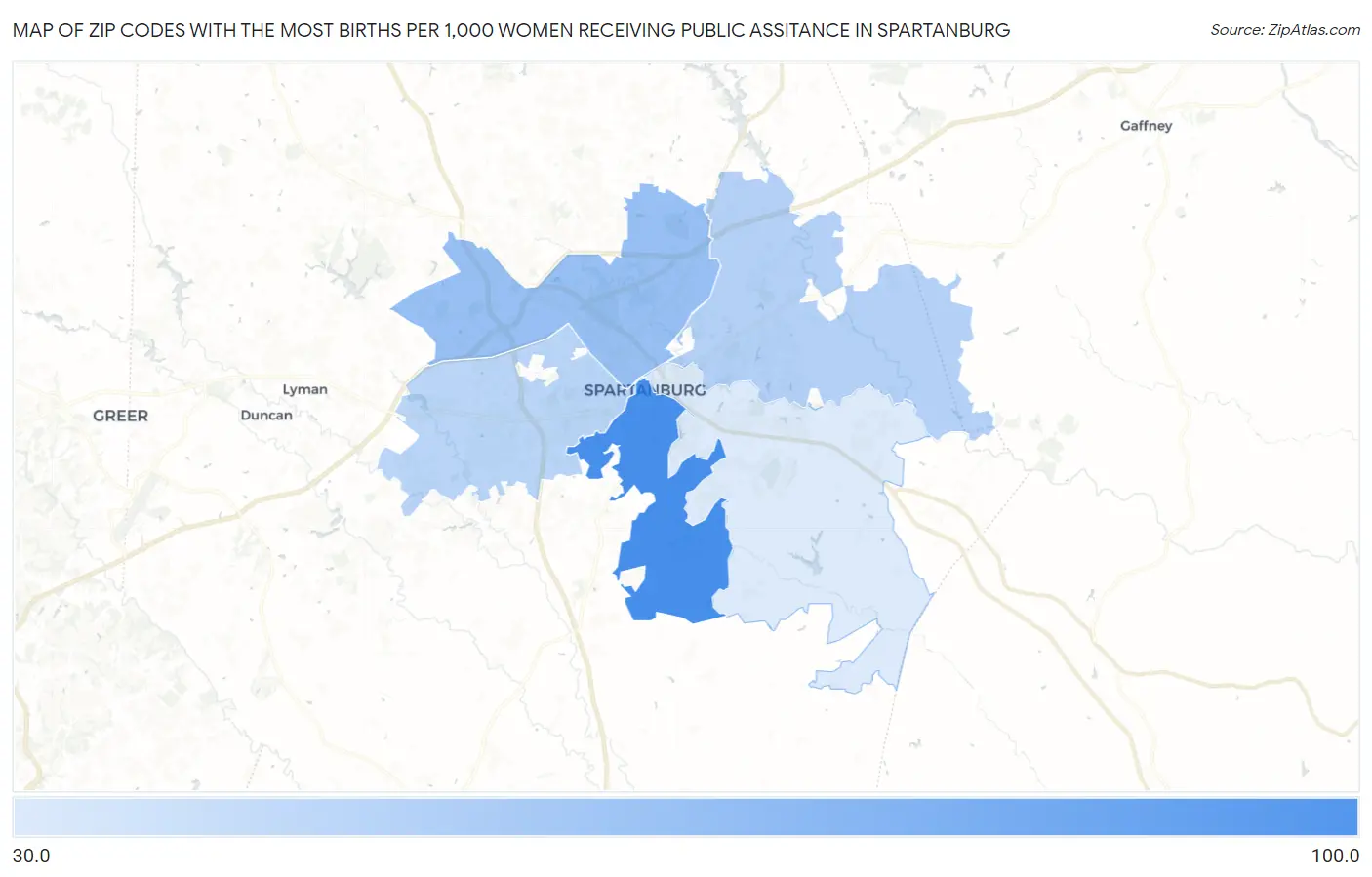 Zip Codes with the Most Births per 1,000 Women Receiving Public Assitance in Spartanburg Map
