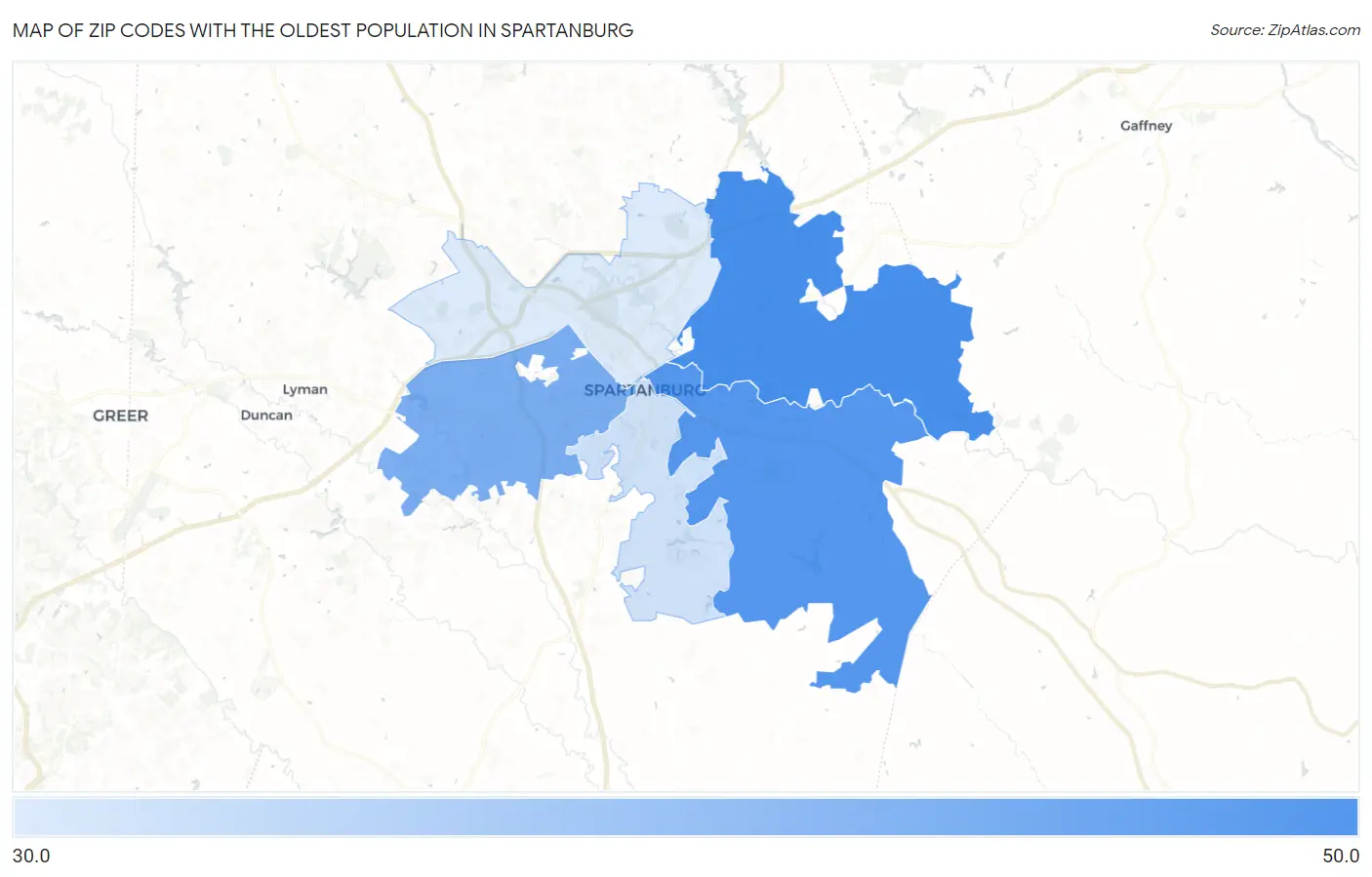 Zip Codes with the Oldest Population in Spartanburg Map