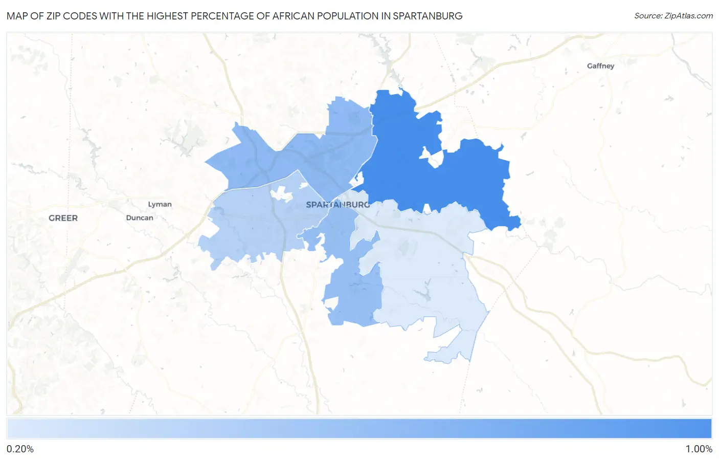Zip Codes with the Highest Percentage of African Population in Spartanburg Map