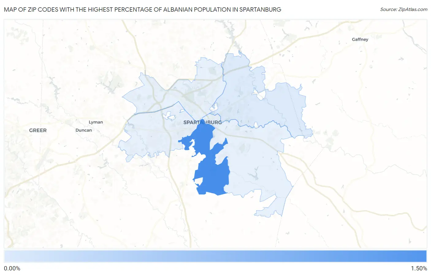 Zip Codes with the Highest Percentage of Albanian Population in Spartanburg Map