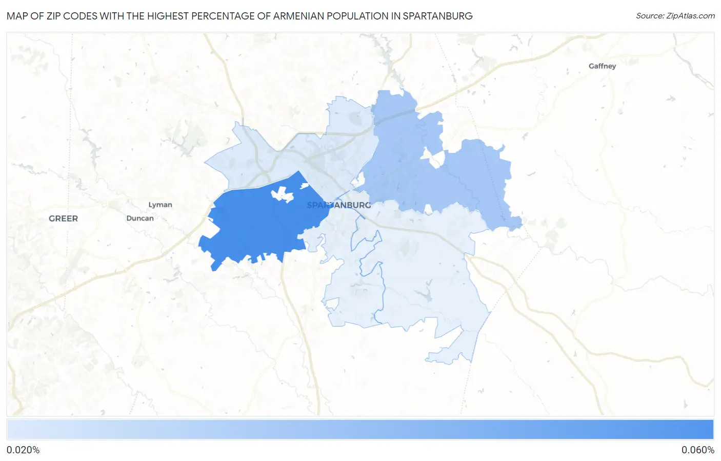 Zip Codes with the Highest Percentage of Armenian Population in Spartanburg Map