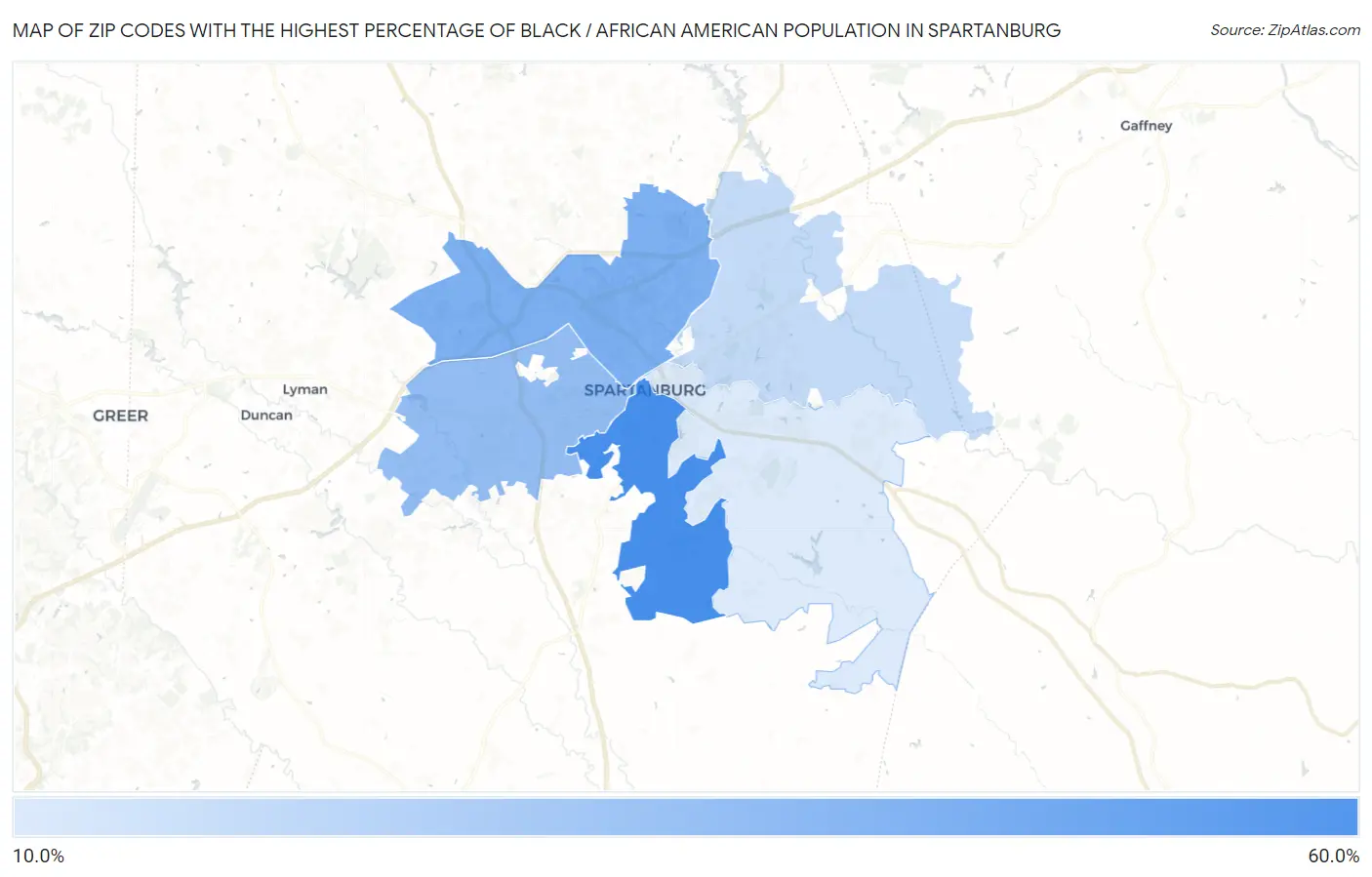 Zip Codes with the Highest Percentage of Black / African American Population in Spartanburg Map