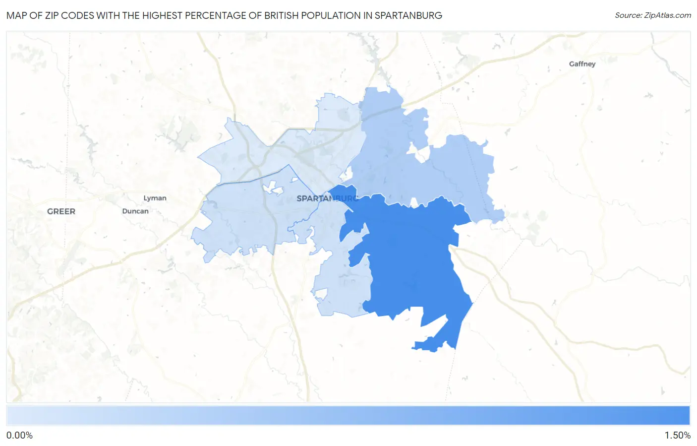 Zip Codes with the Highest Percentage of British Population in Spartanburg Map