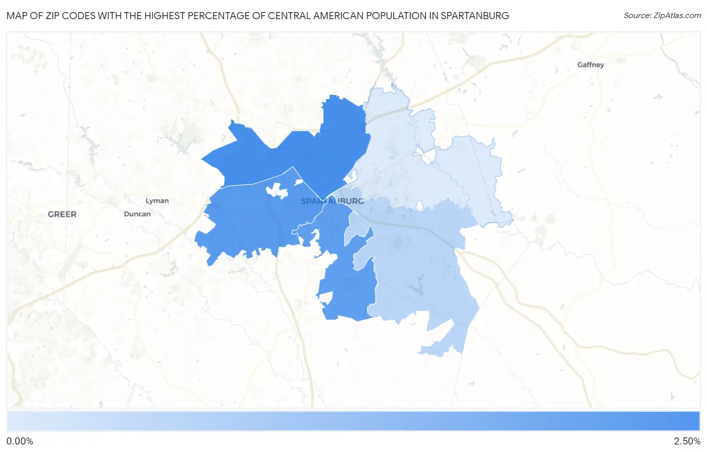 Zip Codes with the Highest Percentage of Central American Population in Spartanburg Map