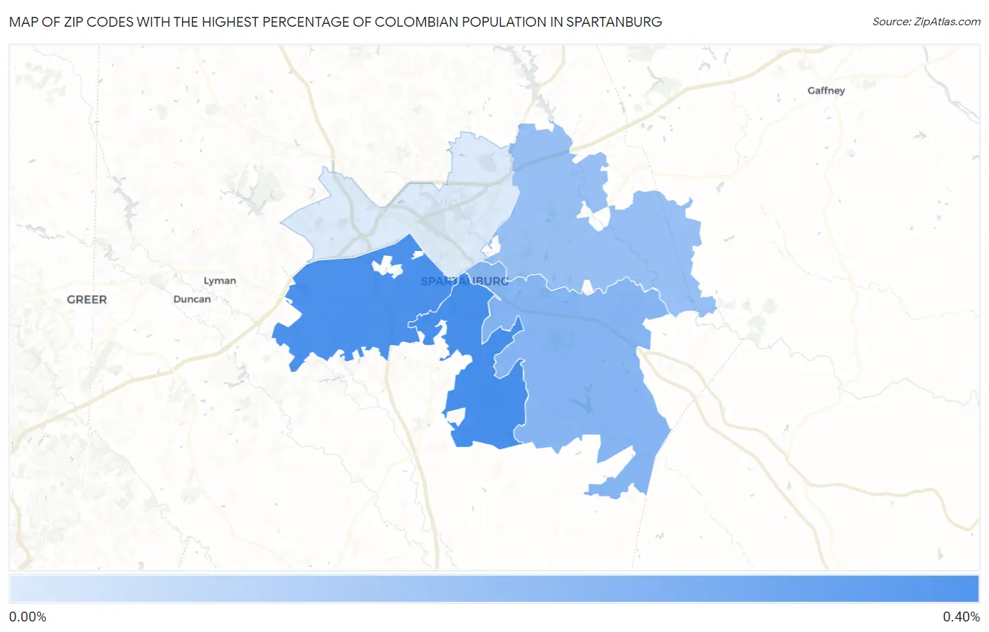 Zip Codes with the Highest Percentage of Colombian Population in Spartanburg Map
