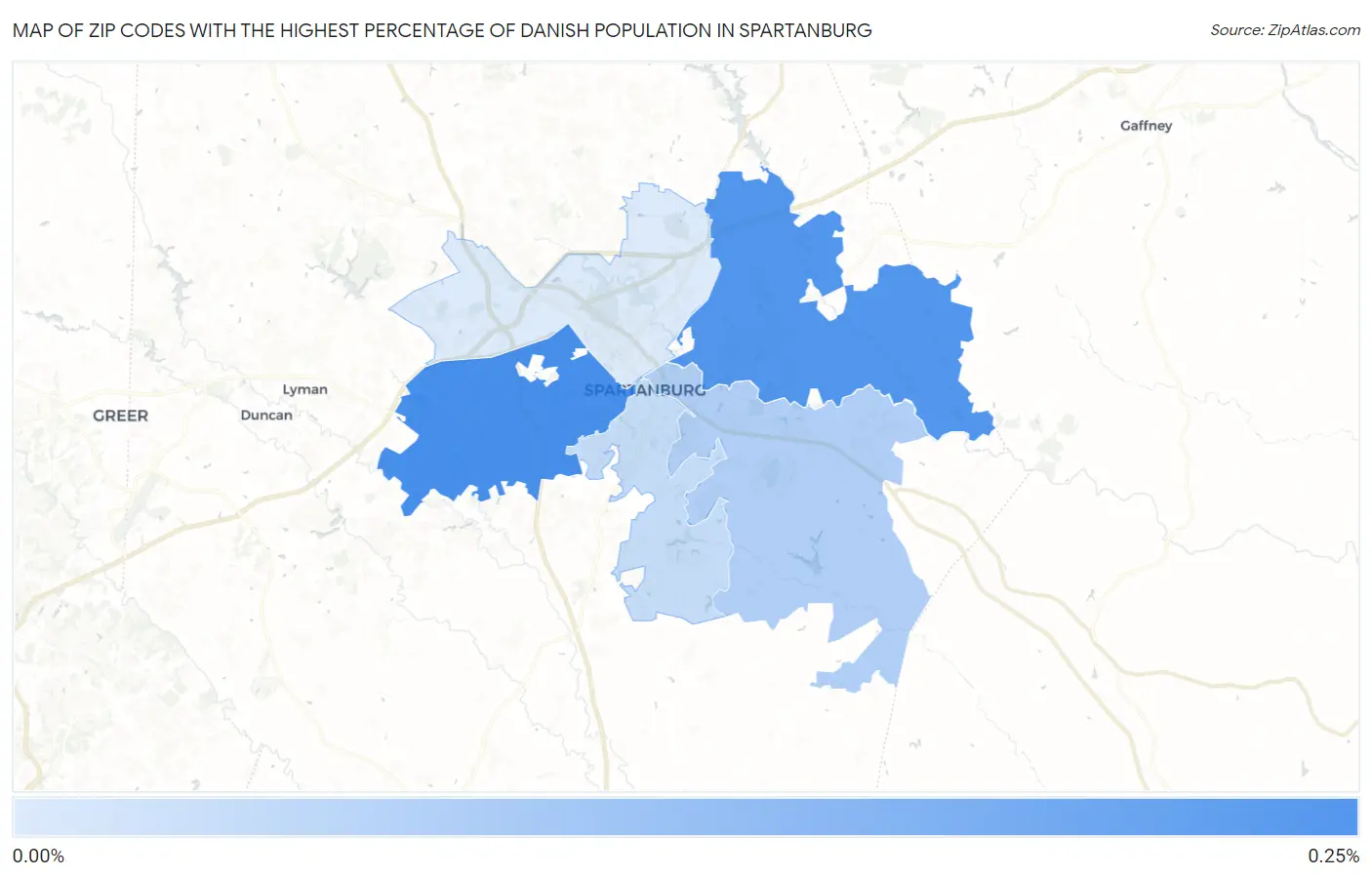 Zip Codes with the Highest Percentage of Danish Population in Spartanburg Map
