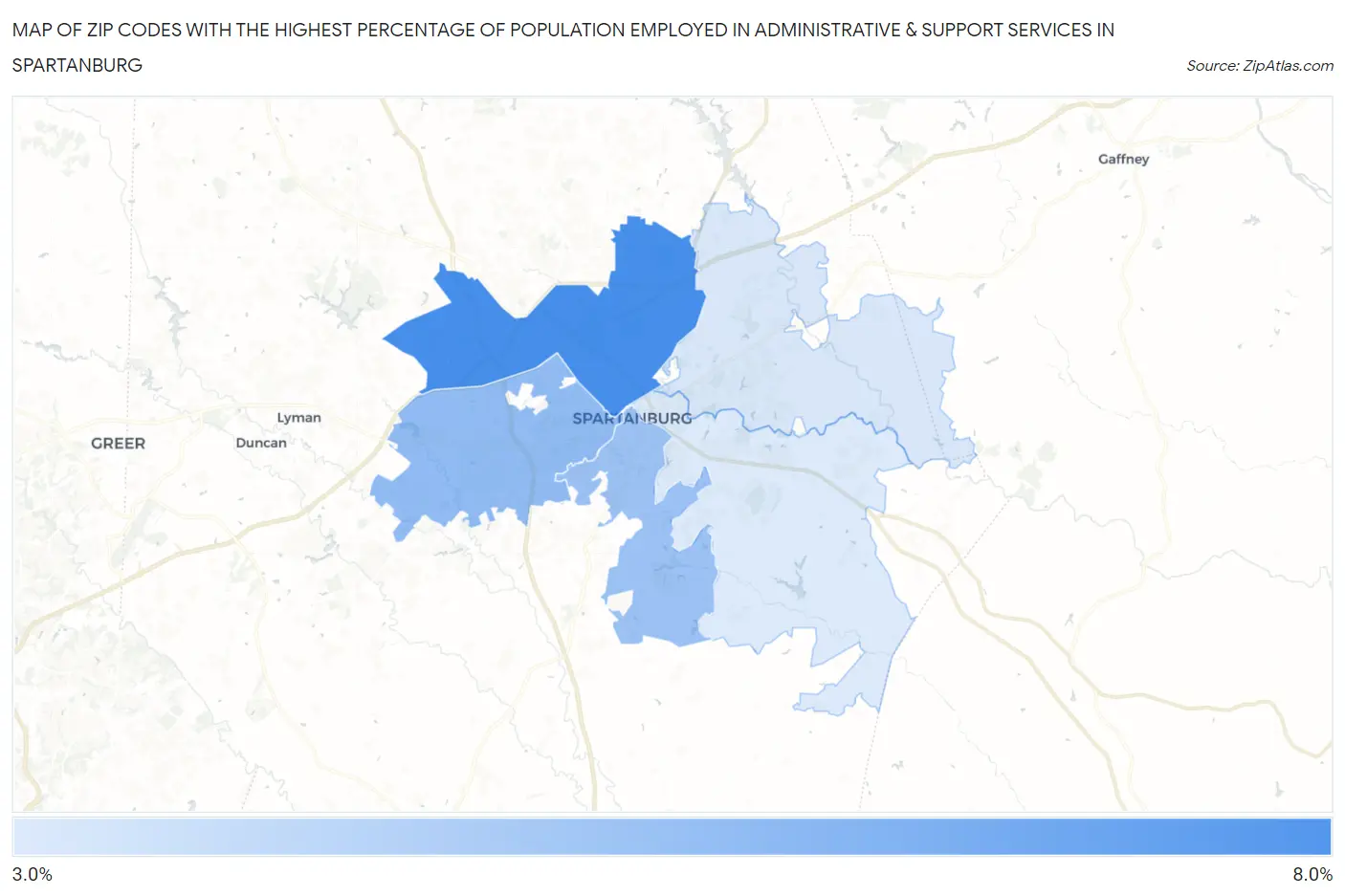 Zip Codes with the Highest Percentage of Population Employed in Administrative & Support Services in Spartanburg Map