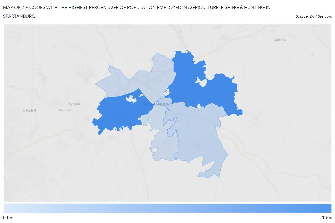 Zip Codes with the Highest Percentage of Population Employed in Agriculture, Fishing & Hunting in Spartanburg Map