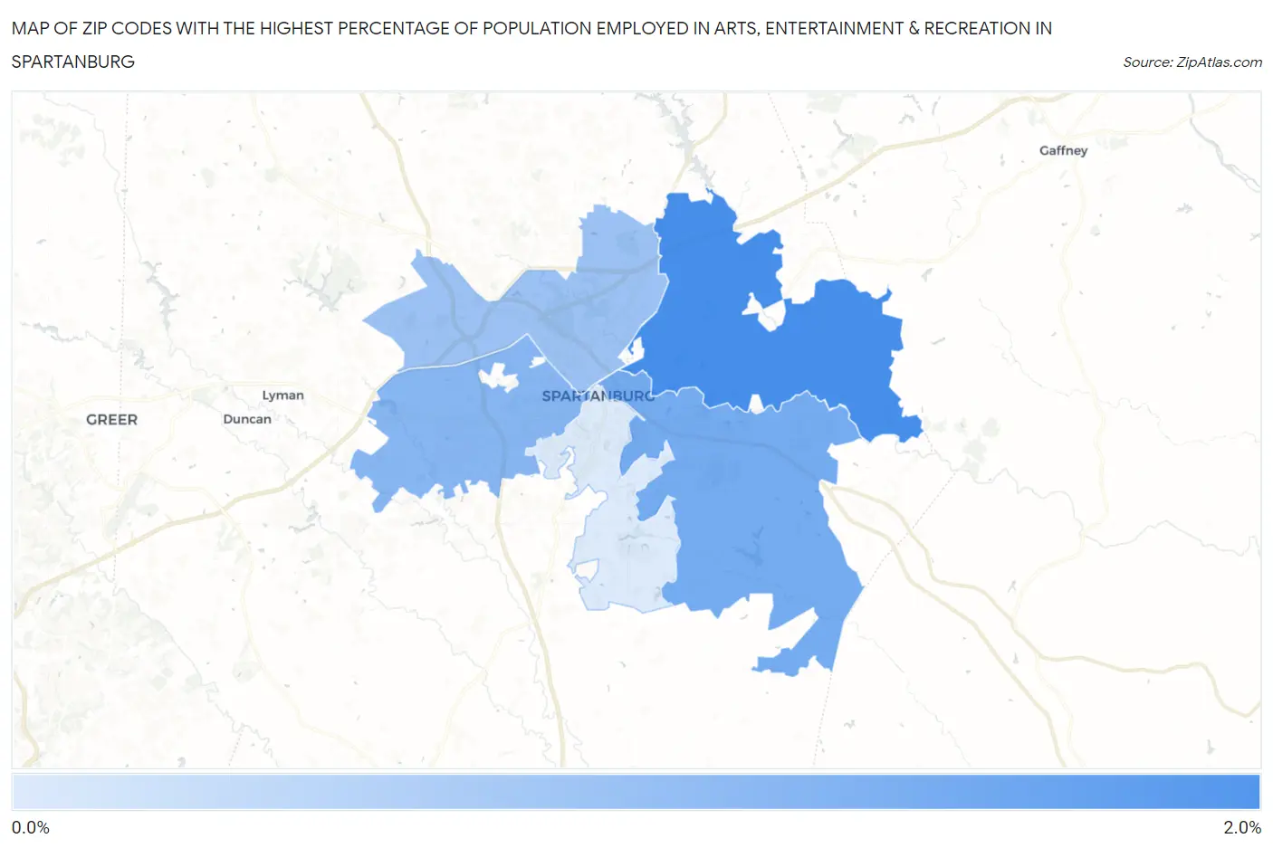 Zip Codes with the Highest Percentage of Population Employed in Arts, Entertainment & Recreation in Spartanburg Map