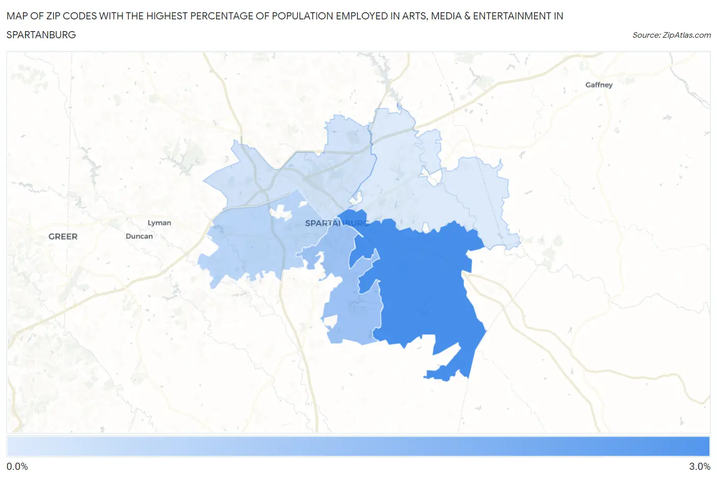 Zip Codes with the Highest Percentage of Population Employed in Arts, Media & Entertainment in Spartanburg Map