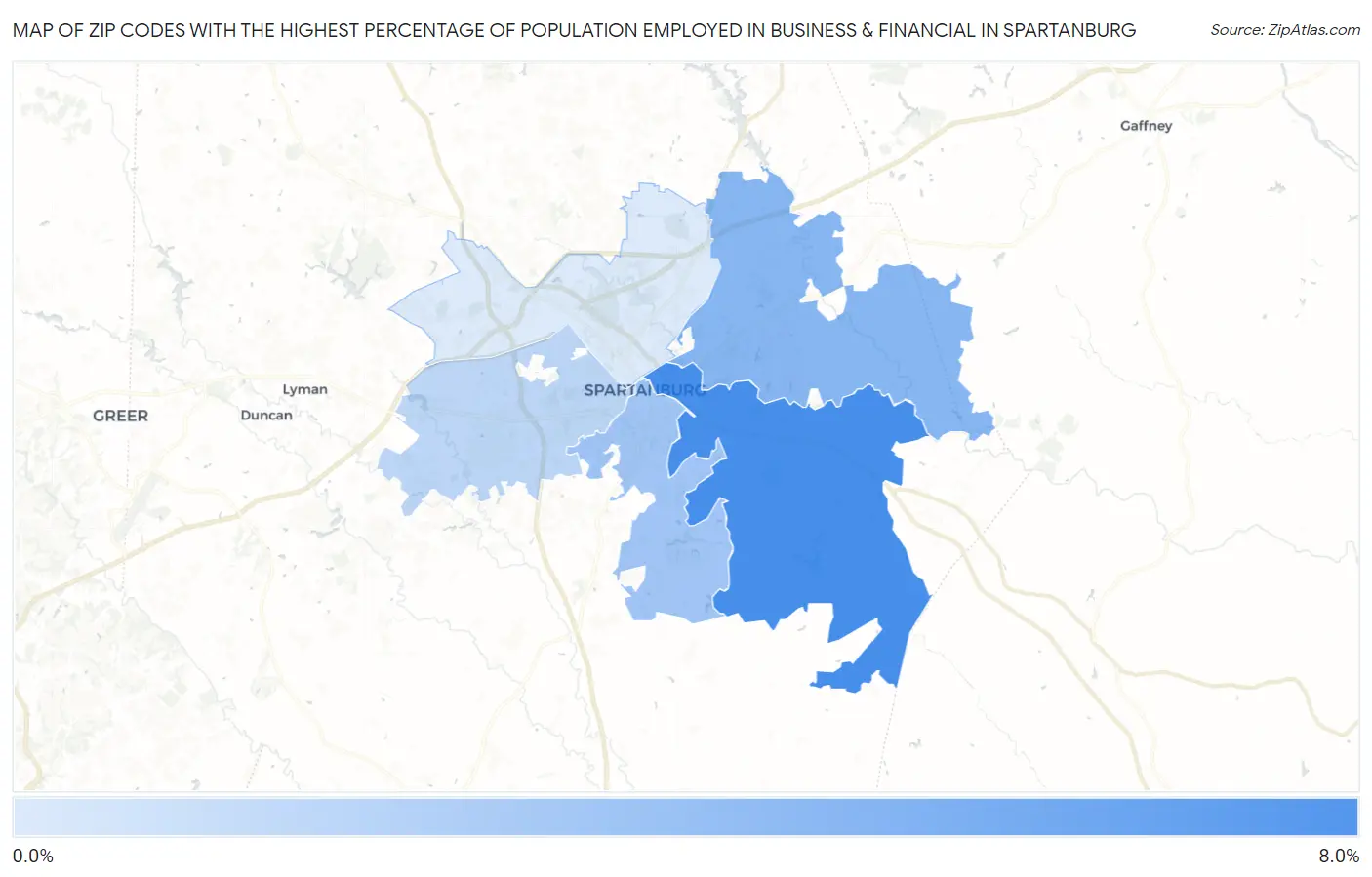 Zip Codes with the Highest Percentage of Population Employed in Business & Financial in Spartanburg Map