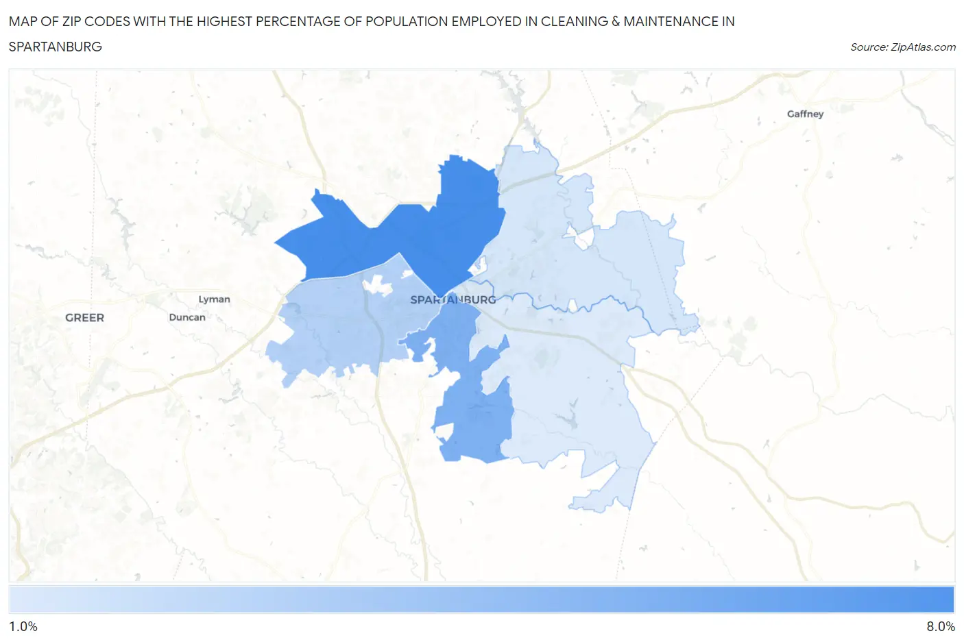 Zip Codes with the Highest Percentage of Population Employed in Cleaning & Maintenance in Spartanburg Map