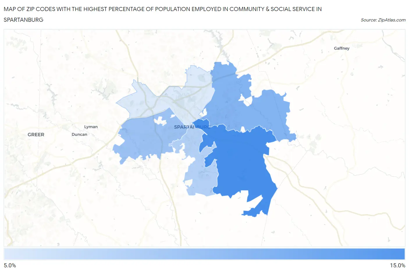 Zip Codes with the Highest Percentage of Population Employed in Community & Social Service  in Spartanburg Map