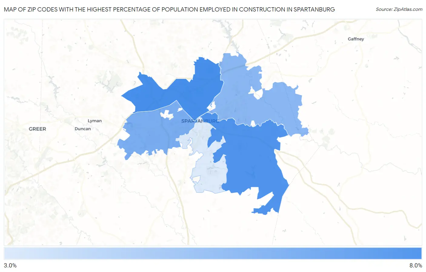 Zip Codes with the Highest Percentage of Population Employed in Construction in Spartanburg Map