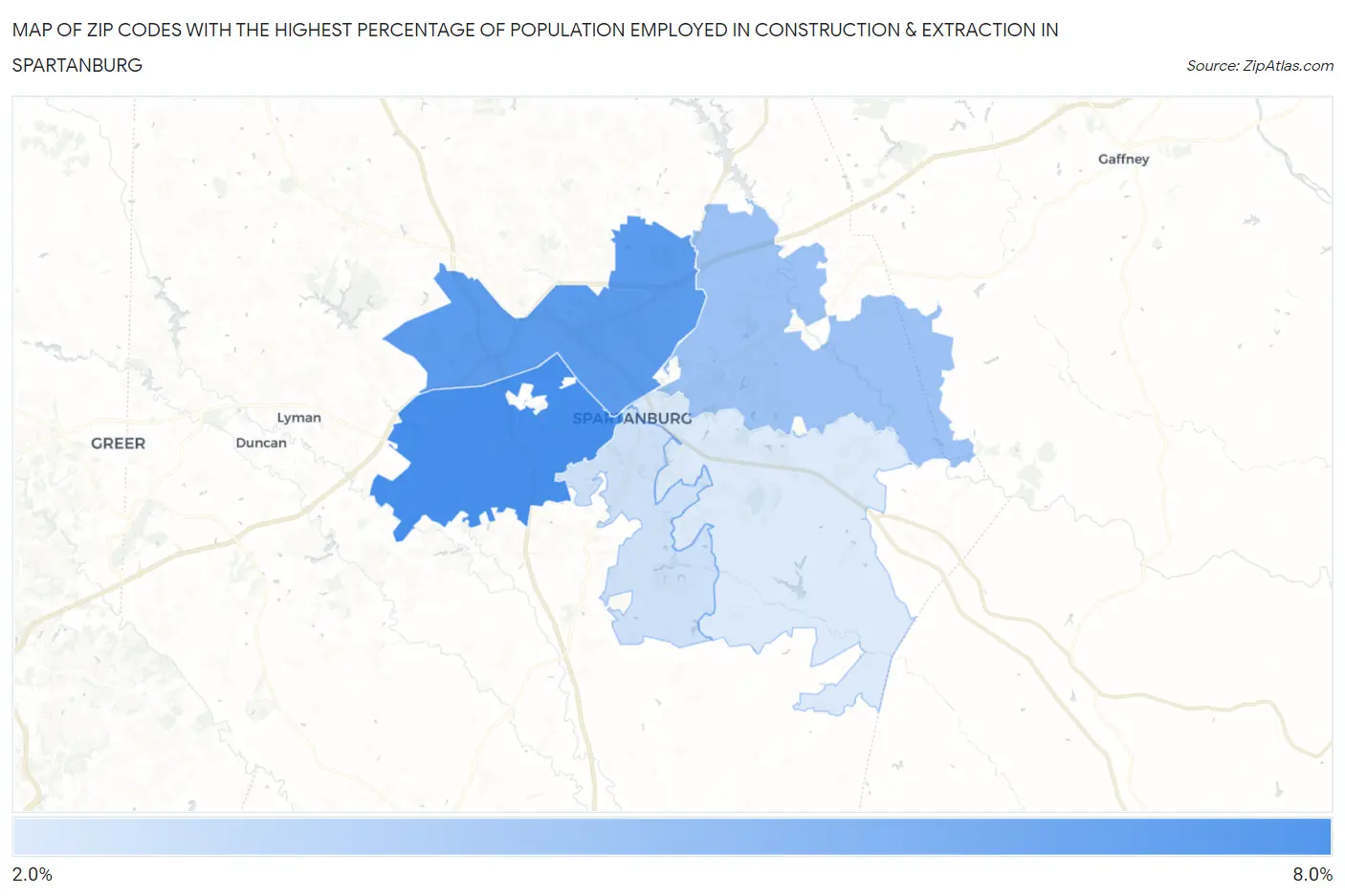 Zip Codes with the Highest Percentage of Population Employed in Construction & Extraction in Spartanburg Map