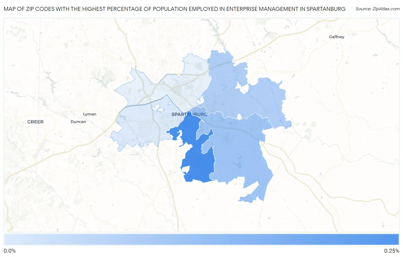 Zip Codes with the Highest Percentage of Population Employed in Enterprise Management in Spartanburg Map