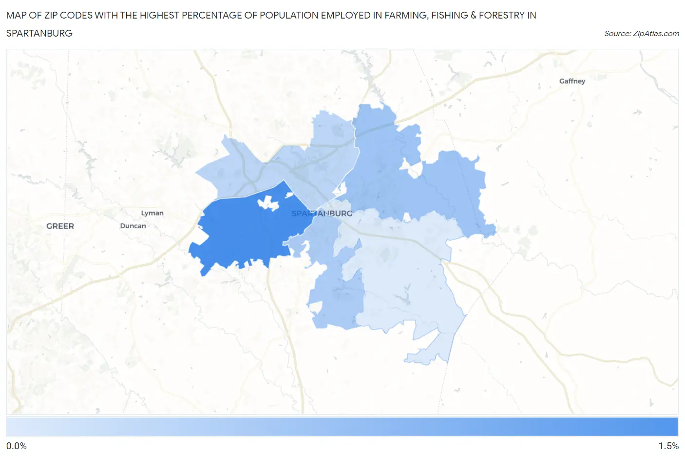 Zip Codes with the Highest Percentage of Population Employed in Farming, Fishing & Forestry in Spartanburg Map