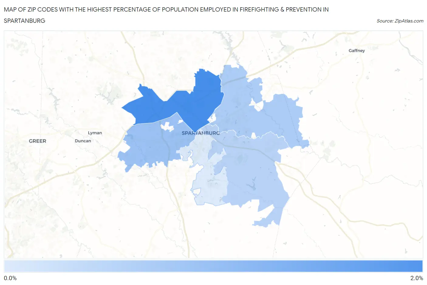Zip Codes with the Highest Percentage of Population Employed in Firefighting & Prevention in Spartanburg Map