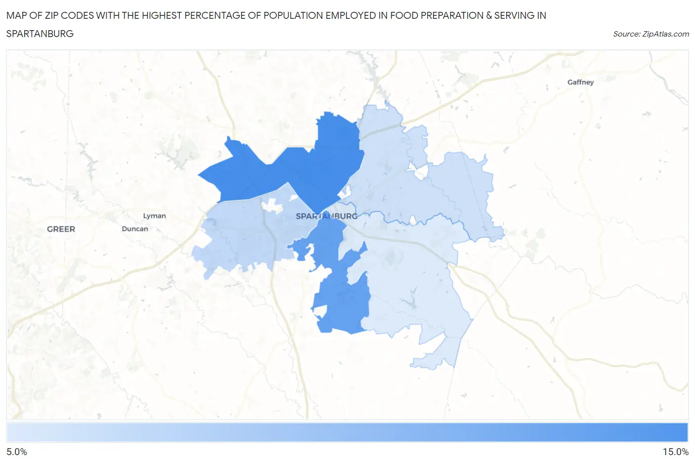 Zip Codes with the Highest Percentage of Population Employed in Food Preparation & Serving in Spartanburg Map