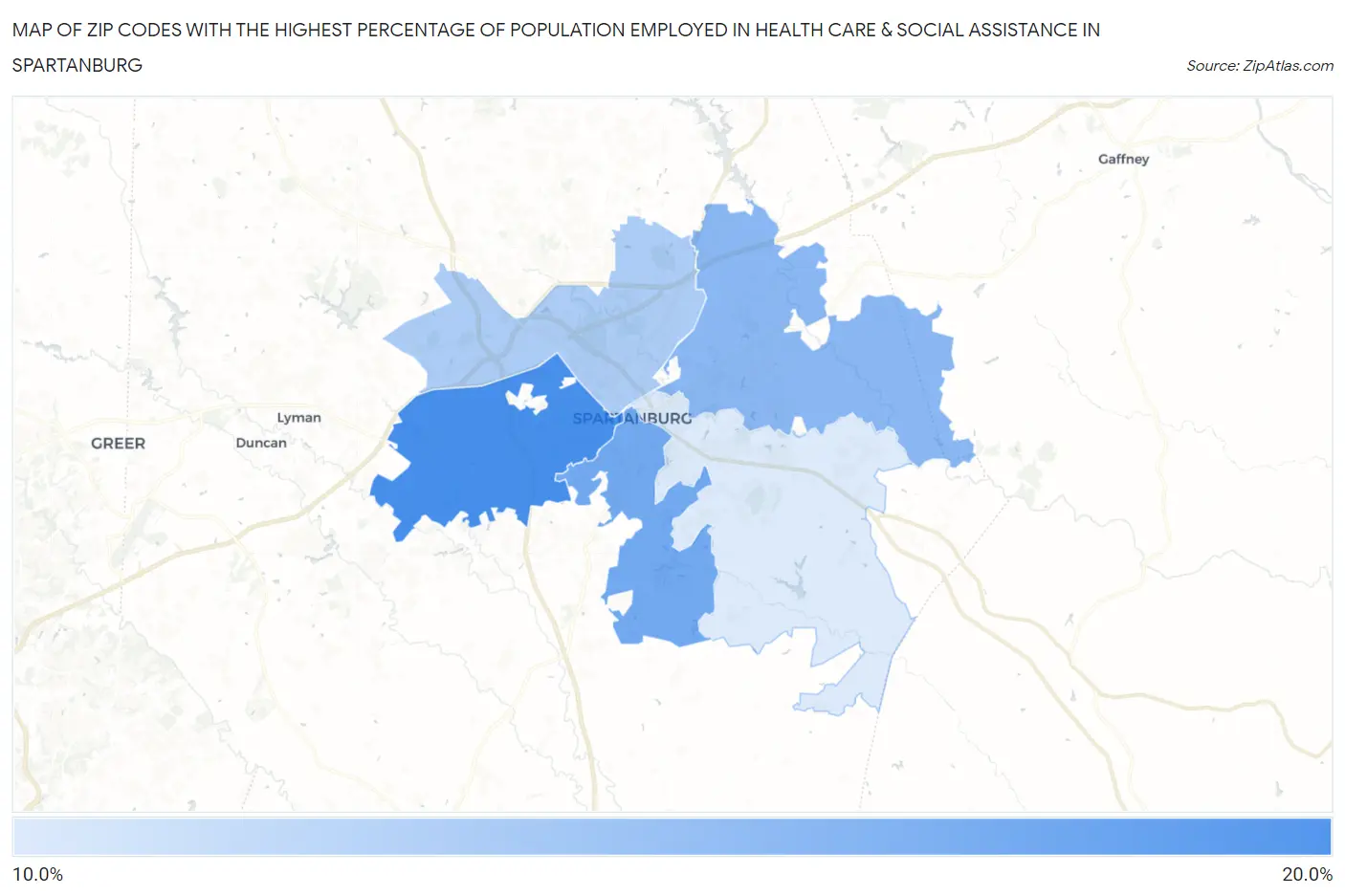 Zip Codes with the Highest Percentage of Population Employed in Health Care & Social Assistance in Spartanburg Map