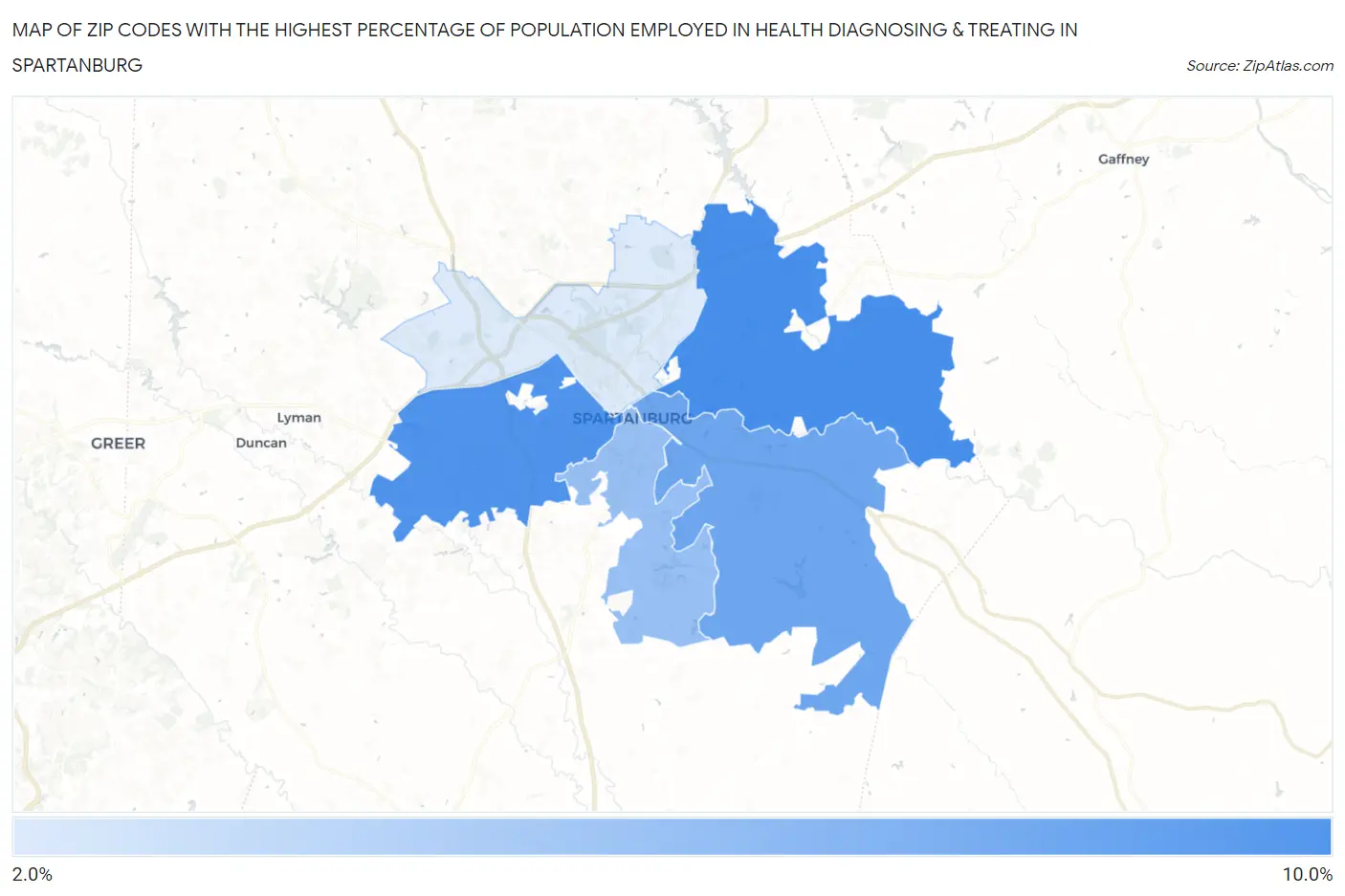Zip Codes with the Highest Percentage of Population Employed in Health Diagnosing & Treating in Spartanburg Map