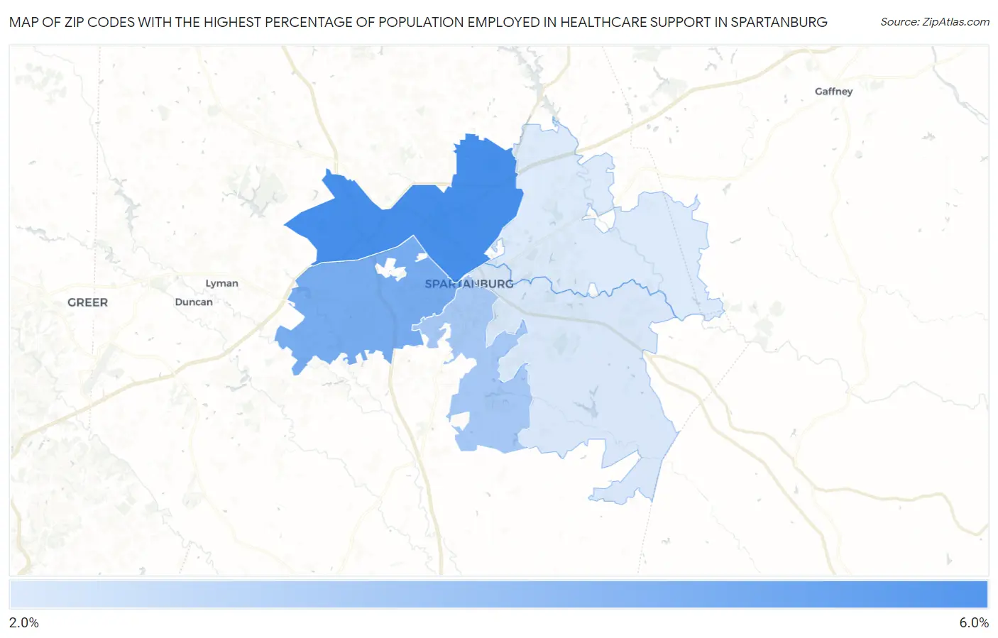 Zip Codes with the Highest Percentage of Population Employed in Healthcare Support in Spartanburg Map
