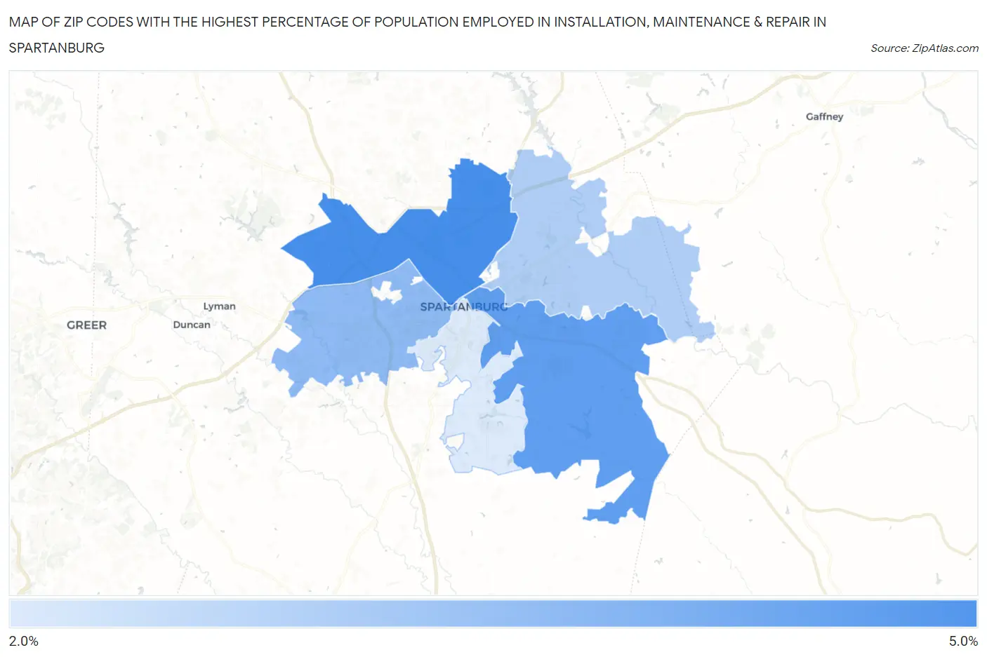 Zip Codes with the Highest Percentage of Population Employed in Installation, Maintenance & Repair in Spartanburg Map