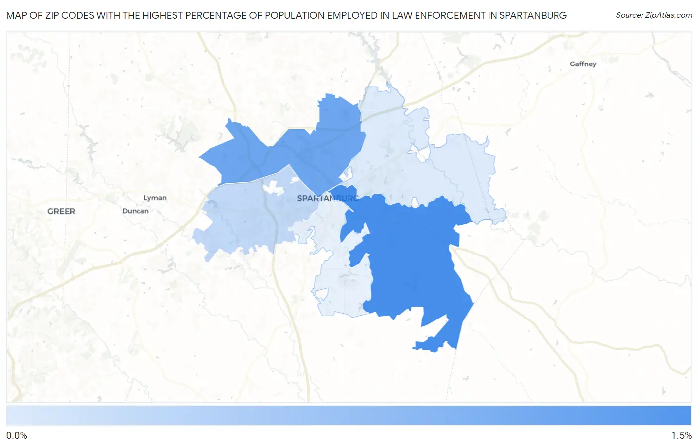Zip Codes with the Highest Percentage of Population Employed in Law Enforcement in Spartanburg Map